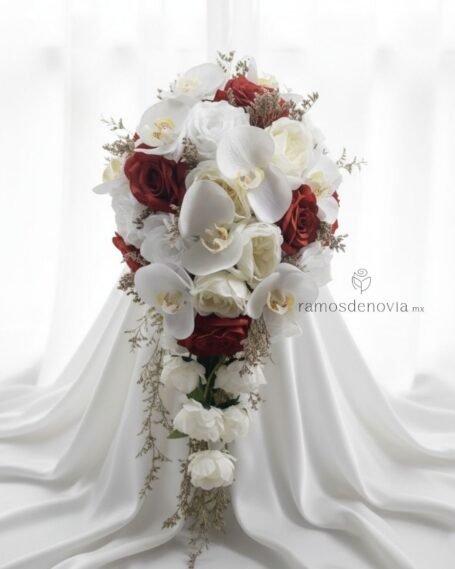 Cascada de rosas rojas y blancas con orquídeas 1120