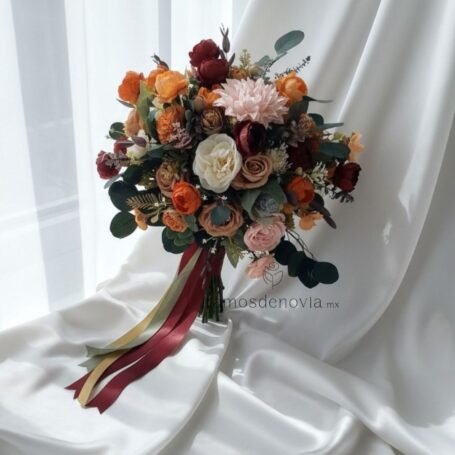 Rosas vino, naranjas y ivory con dalia 1004