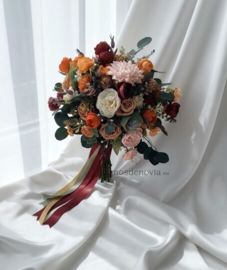 Rosas vino, naranjas y ivory con dalia 1004