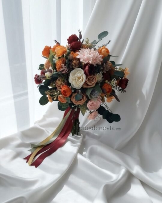 Rosas vino, naranjas y ivory con dalia 1004