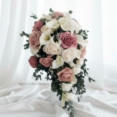 Calas y rosas ivory y rosa en cascada 1047