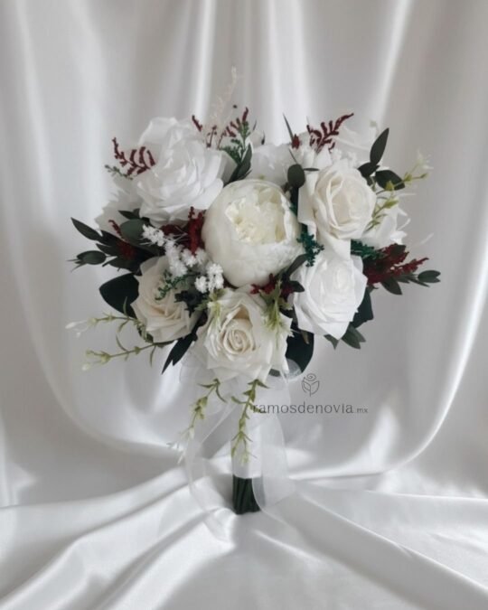 Rosas y peonía blancas con acentos vino 1005