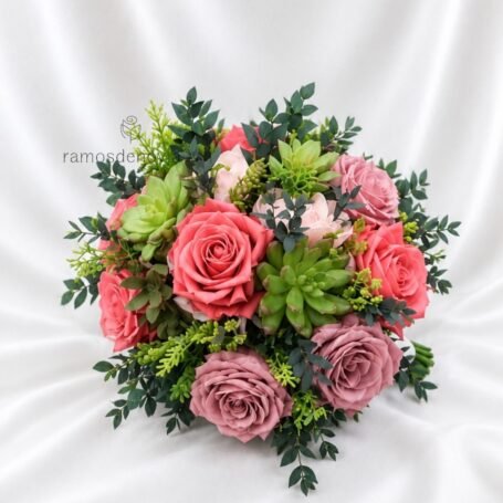 Bouquet Coral Rosa y Suculentas 1171