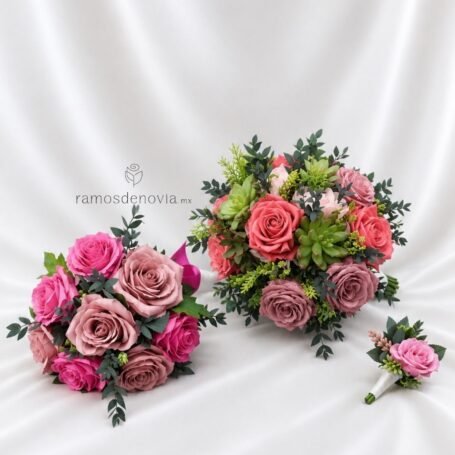 Bouquet Coral Rosa y Suculentas 1171
