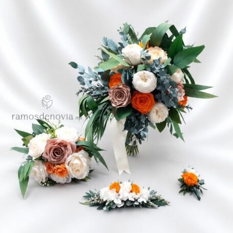 Bouquet Coral Ivory y Eucalipto 1186